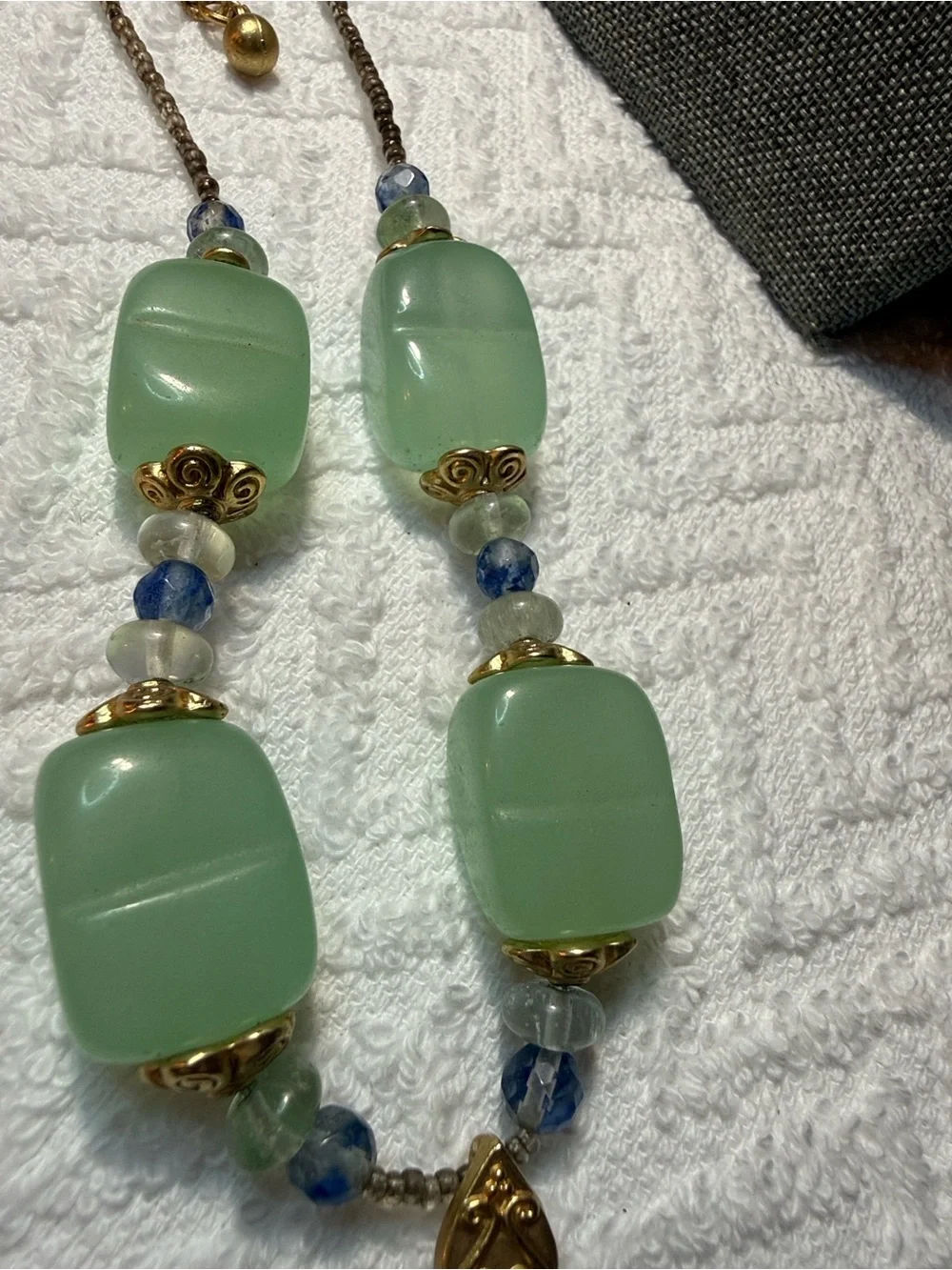 George Gold-Tone Filigree Pendant Necklace with Mint Green and Blue Glass Beads
